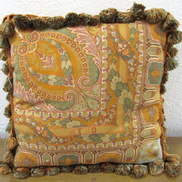 ETRO Italy Home Collection Decorative Gold Paisley Tassel Pillow 16” x 16”